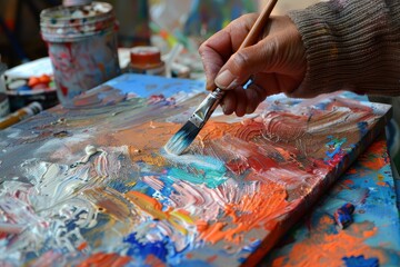 Aufkleber - Vibrant brushes resting on a colorful palette filled with a variety of paint colors ready for artistic expression and creativity in a studio setting