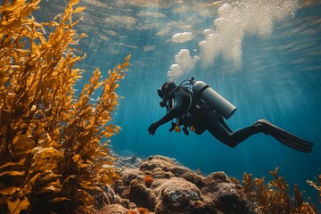 Wall Mural - A diver swims through a colorful kelp forest, bubbles streaming upwards as sunlight filters through the water, illuminating the rocks below. Generative AI