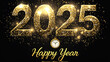 © hao - Elegant '2025' Golden Number Design with Glitter Effects and Sparkles on Black Background, Celebrating New Beginnings for New Year's Day, Clock Icon, 'Happy New Year' Text.