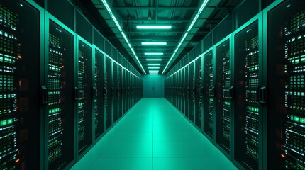 Long hallway with server cabinets on the sides.