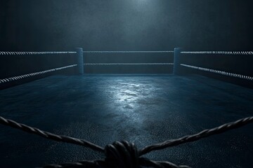 Wall Mural - a dimly spotlit corner of a boxing ring surrounded by ropes on a dark isolated background - 3d rende