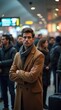 © vitanovski - Confident Man Standing in a Busy Airport Terminal in Brown Coat