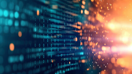 Dynamic Binary Code Background with Blue and Orange Light Effects for Data Science, Big Data Analysis, and Technology Concepts
