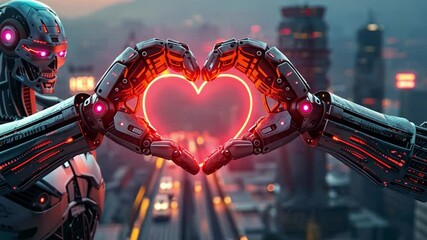 Poster - In a vibrant city at dusk, two advanced robots create a heart shape with their hands. The glowing hearts showcase a blend of technology and romance, highlighting love in a futuristic setting.