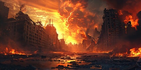 burning city: post-apocalyptic ruins and firescape