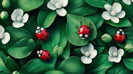 Wall Mural -   A lush green leaf covers the ground where a group of ladybugs rests atop a white flower