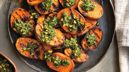 Wall Mural - Delicious charred sweet potatoes with pistachio chili pesto - perfect for gourmet cooking and festive dining