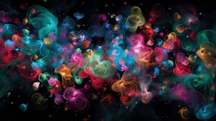 Wall Mural -   Multicolored bubble group floats in front of black backdrop, mid-spaced space