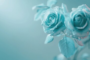 Wall Mural - blue turquoise floral greeting card with roses on light background.