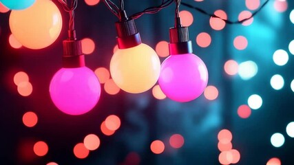 Wall Mural - pink and orange string lights with bokeh effect against blue background. holiday decoration content