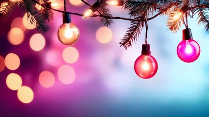 Wall Mural - Christmas lights on pine branch with purple and blue gradient background. Holiday decoration content