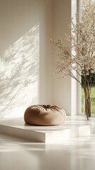 Sticker - A vibrant red bean bag chair adds a pop of color to a minimalistic white room featuring a large window and natural light.