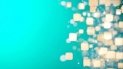 Wall Mural - Glowing squares and sparkles on turquoise background with bokeh effect. Motion graphics content