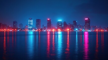 Canvas Print - Neon cityscape reflecting on calm water at night.