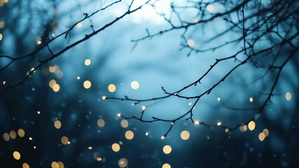 Wall Mural - Tree branches with winter lights on blue background with snow. Holiday season content