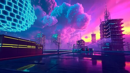 Wall Mural - vibrant sci-fi scene with synthwave styled towers in breathtaking perspective. futuristic cyberpunk 