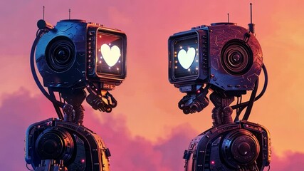 Poster - Two futuristic robots face each other, their screens displaying glowing hearts. The vibrant sunset in the background adds a romantic atmosphere, showcasing a unique blend of technology and emotion.
