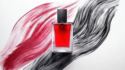 Wall Mural -   Red and black perfume bottle on black-and-white background with red streaks