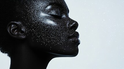 Poster - Dark face, glittering makeup, light background.