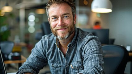 Poster - A confident man with a beard smiles while seated at his desk in a contemporary office. The workspace is bright and inviting, promoting collaboration and innovation among colleagues.