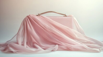 Poster - Pink handbag draped in sheer fabric on white background with soft light.