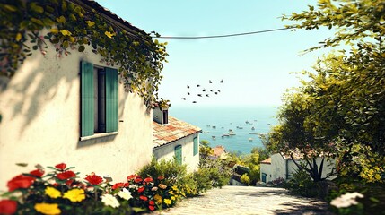 Wall Mural -   A pathway leads to a house with flowers growing on its sides and a body of water in the distance