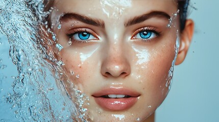 Sticker -   A woman's face in focus with blue eyes surrounded by splashes of water cascading on her face and head