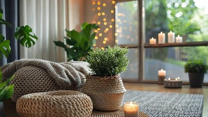 Aufkleber - In a serene wellness space, comfortable textures blend with vibrant plants and soft candlelight, creating a peaceful retreat filled with natural elements and warm hues.