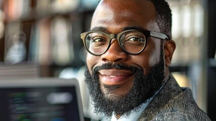 Aufkleber - A man with a beard and glasses smiles confidently while sitting in a modern office filled with books and computer screens. His relaxed demeanor indicates comfort and professionalism.