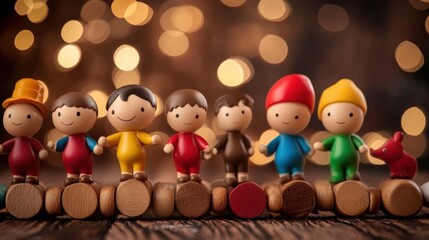 Wall Mural - Wooden toy figures with festive background and soft lighting National Preschool Health and Fitness Day