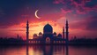 © Mitchell - The image is a digital illustration depicting a detailed silhouette of a grand mosque at either dawn or dusk.  The color palette is predominantly