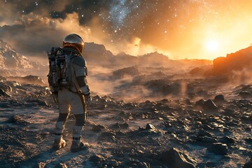 Wall Mural - astronaut exploring a rocky alien landscape under a starry sky at sunset.