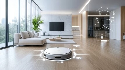 Wall Mural - Robot vacuum offers seamless cleaning connections in a stylish home with light wood floors and greenery throughout different areas