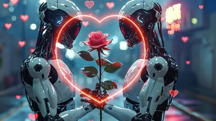 Poster - Two humanoid robots stand facing each other, exchanging a beautiful red rose surrounded by glowing hearts. The vibrant backdrop creates a romantic atmosphere ideal for Valentine's Day.