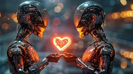 Poster - In a lively urban environment, two advanced robotic figures stand facing each other, holding a radiant heart symbol between them.