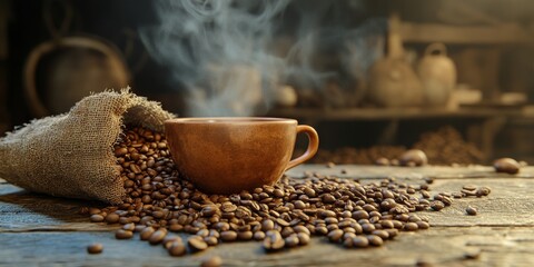 Sticker - Hot coffee cup surrounded by roasted coffee beans on a rustic wooden table in a cozy setting