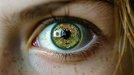 Leinwandbilder - A close-up view highlights an eye featuring intricate circuit designs within the iris. The reflection symbolizes the connection between human perception and advanced technology in a modern context.