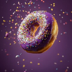 Wall Mural - Vibrant purple donut levitating with colorful sprinkles against a purple background