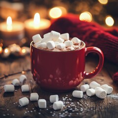 Sticker - Warm red mug filled with hot chocolate topped with marshmallows against a cozy backdrop