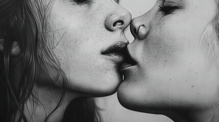 Sticker -   A photo of two women embracing, one with her eyes shut and nose covered