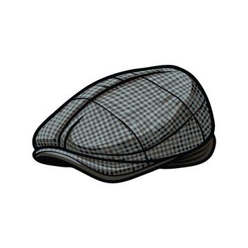 Illustration of a grey tweed flat cap with a visor.