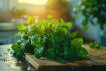 Fresh organic mint leaves for cooking on table.