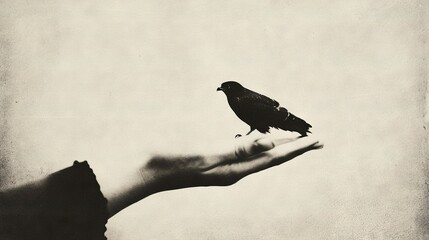 Sticker -   Black-and-white image of a person holding a small bird on their palm, with a black bird perched on top