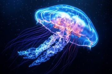 Wall Mural - A vibrant jellyfish glows with colorful light while moving effortlessly through deep ocean waters at night, creating an enchanting sight. Generative AI