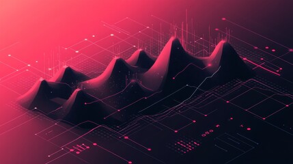 Aufkleber - Abstract 3D data visualization with peaks and lines on a dark red background.