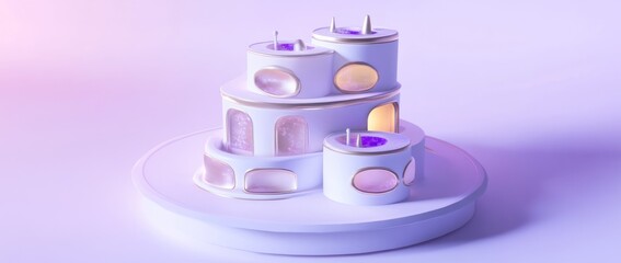 Poster - Abstract 3D rendering of a futuristic, layered building model with illuminated windows on a platform.