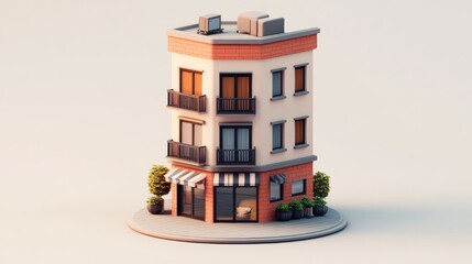 Poster - Low-poly 3D model of a three-story corner building with a shop on the ground floor, potted plants, and balconies.