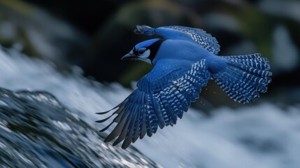 Poster - Blue jay in flight over cascading water.