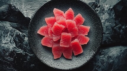 Sticker - Freshly prepared tuna tartare served in a rustic bowl with herbs and garnishes on a dark textured surface