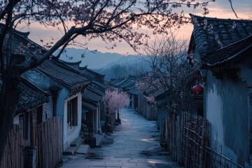 Aufkleber - Serene sunset view down a narrow stone path in a quaint village, lined with traditional houses and blossoming trees, mountains in the distance.